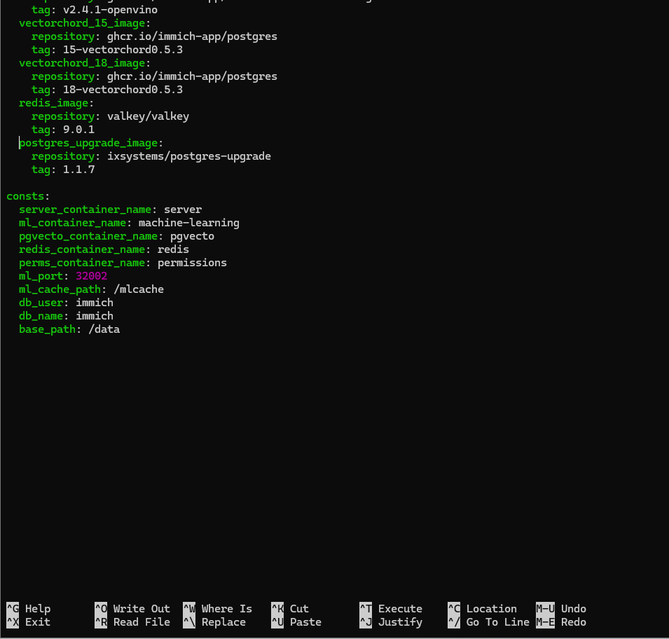 TrueNAS Immichカタログ定義でPostgreSQL 15と18のイメージを確認している端末画面