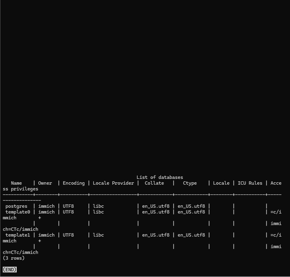 psqlでPostgreSQLのデータベース一覧を確認している端末画面