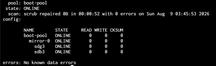 zpool status -v boot-poolの実行結果